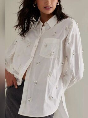 Maeve Anthropologie Pearl Embellished Button Down Oversized Shirt Ivory Small